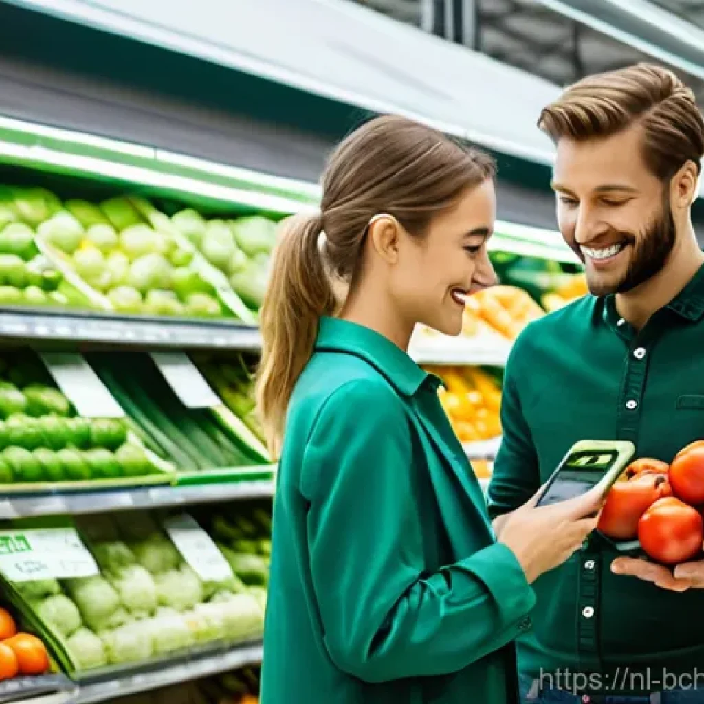블록체인 기술의 상업적 활용 방안 - A vibrant, wide-angle shot of a modern Dutch supermarket aisle, with a focus on fresh produce. A you...