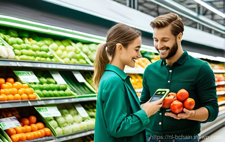 블록체인 기술의 상업적 활용 방안 - A vibrant, wide-angle shot of a modern Dutch supermarket aisle, with a focus on fresh produce. A you...