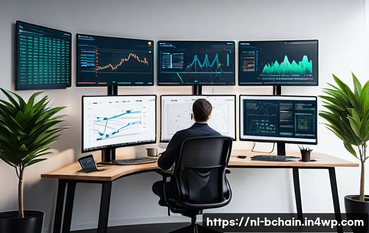 블록체인 개발자의 필수 스킬셋 - A detailed digital illustration of a professional blockchain developer workspace in Amsterdam, featu...