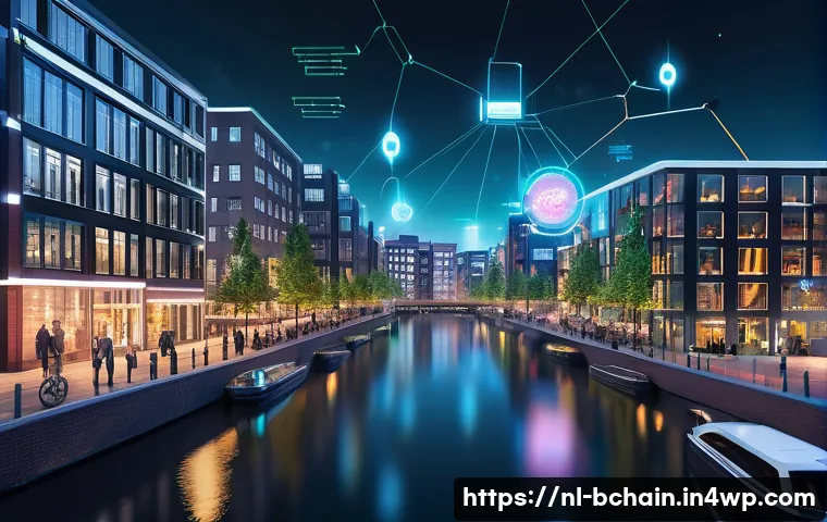블록체인 기술의 주요 트렌드와 변화 - A futuristic Dutch urban landscape featuring a smart contract automation hub integrated with IoT dev...