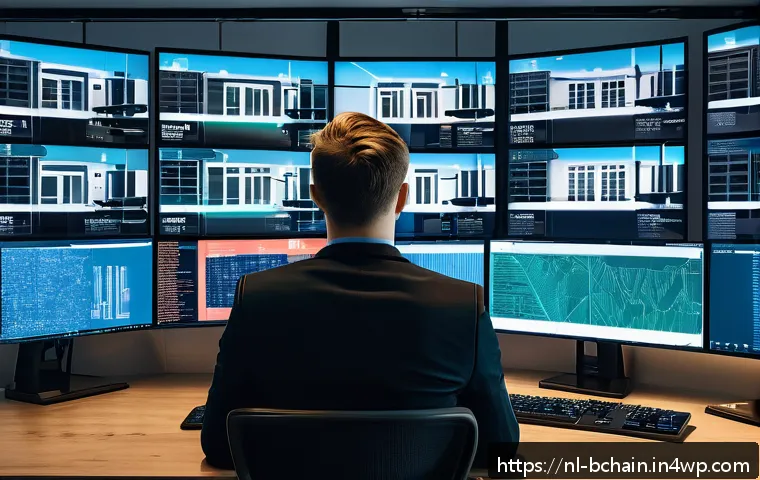 블록체인 개발자를 위한 커리어 패스 - A professional Dutch blockchain developer working in a modern Amsterdam office, surrounded by multip...