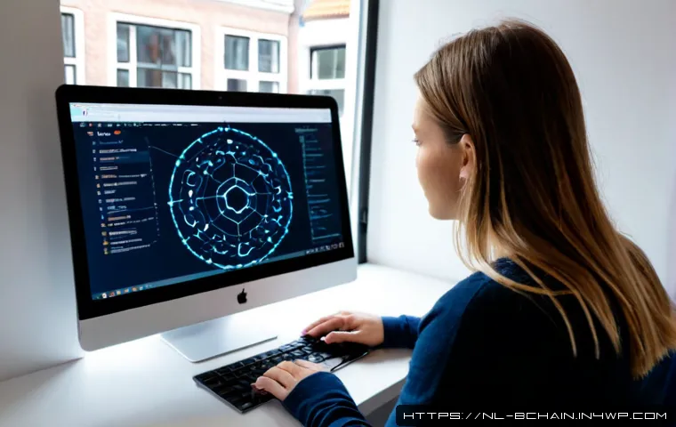 Home 17 블록체인 API 사용법 안내 - Photorealistic over-the-shoulder view of a Dutch software developer in a bright Amsterdam canal-side...