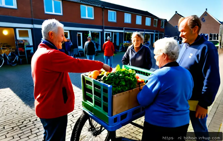 Home 17 블록체인 기술의 사회적 가치 - Photorealistic community food cooperative in a modern Dutch neighborhood, diverse adults and seniors...