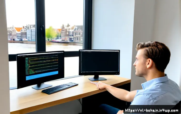 Home 30 블록체인 코드 리뷰의 중요성 - Photorealistic cybersecurity code review scene in a modern Amsterdam software studio, two diverse Du...